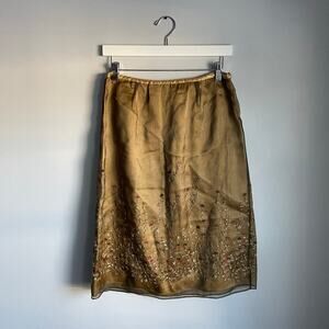 Vintage Suzanne A-Line Brown Skirt Floral Embroidery Y2K 90s Church Silk M